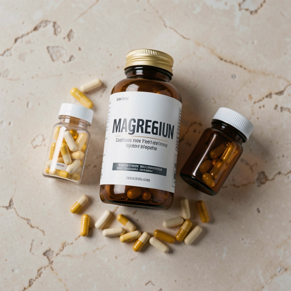Close-up of supplement containers including a magnesium bottle and vitamin portions arranged on a pale stone surface, editorial overhead shot