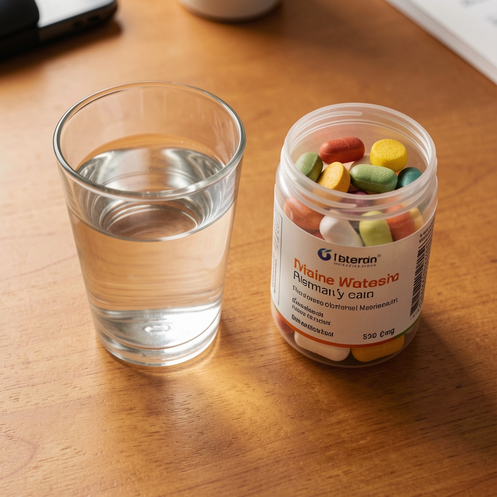 Glass of water, vitamin D capsule container, and a notepad on a clean warm-toned surface, minimal editorial flat lay