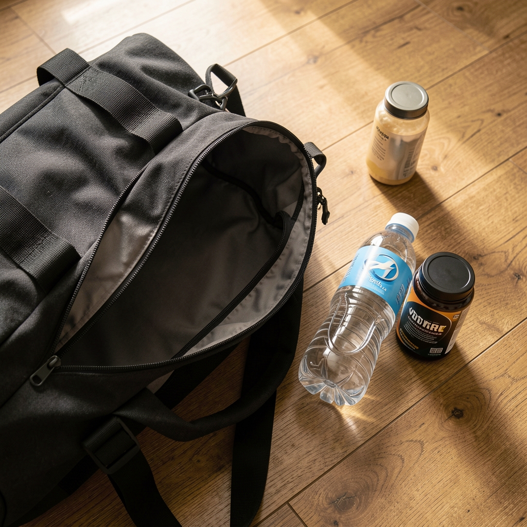 Gym bag partially open beside a water bottle and supplement container on a wooden floor, editorial flat lay composition with natural side lighting