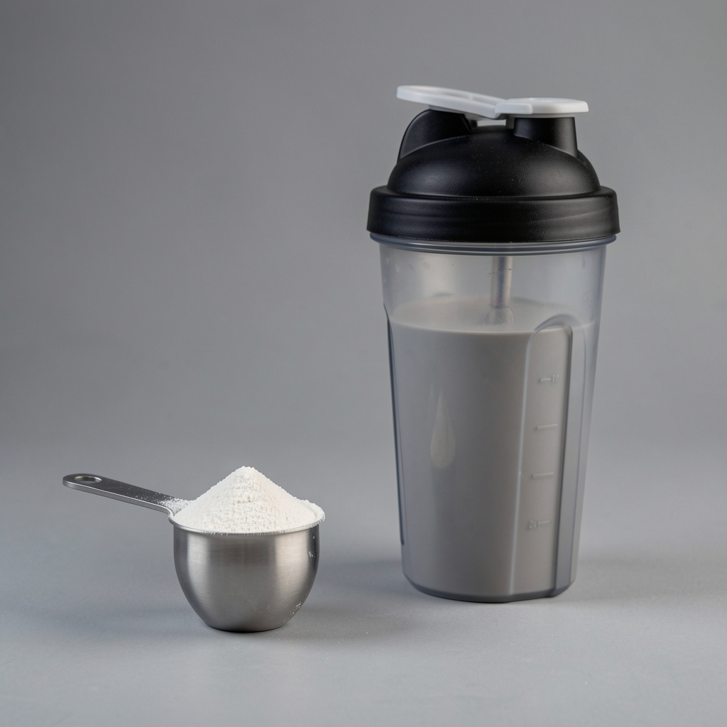 Protein powder measuring scoop resting beside a shaker bottle on a neutral grey surface, editorial product composition