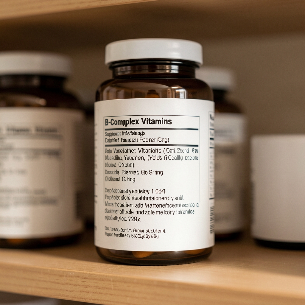 Supplement label close-up showing B-complex vitamins on a shelf, editorial composition with shallow depth of field and warm neutral background