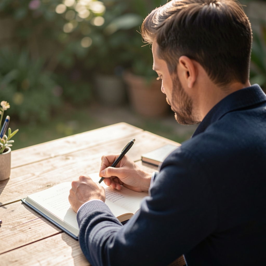 Man journalling supplement notes at a wooden desk with morning light, editorial portrait from behind, calm domestic setting