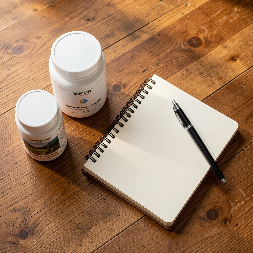 Supplement containers and a notebook arranged on a warm wooden desk, editorial overhead composition, natural morning light