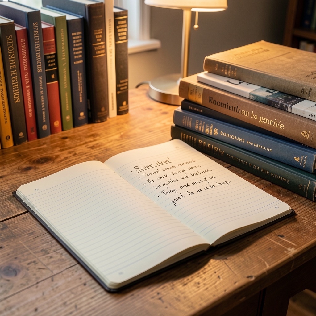 Open notebook with handwritten supplement notes beside reference books on a wooden desk, editorial workspace with warm ambient light